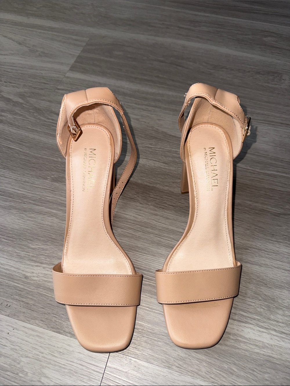 Michael Shannon Nude/Tan Leather Ankle-Strap Block Heels
